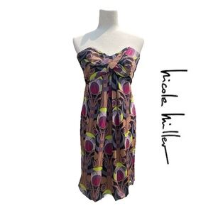 Nicole Miller Collection silk strapless dress Y2K bubble hem, disco pattern 4